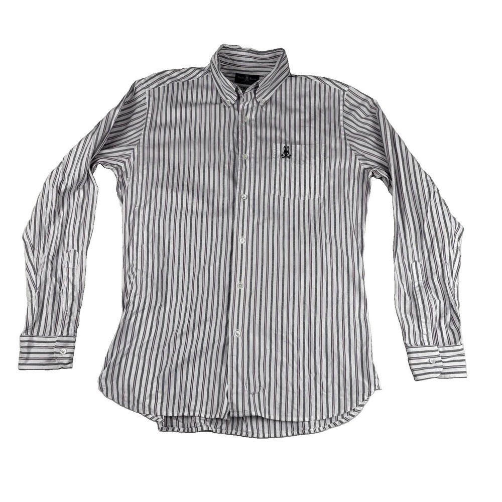 Psycho Bunny Robert Godley Purple White Striped Button Down Shirt Medium Logo